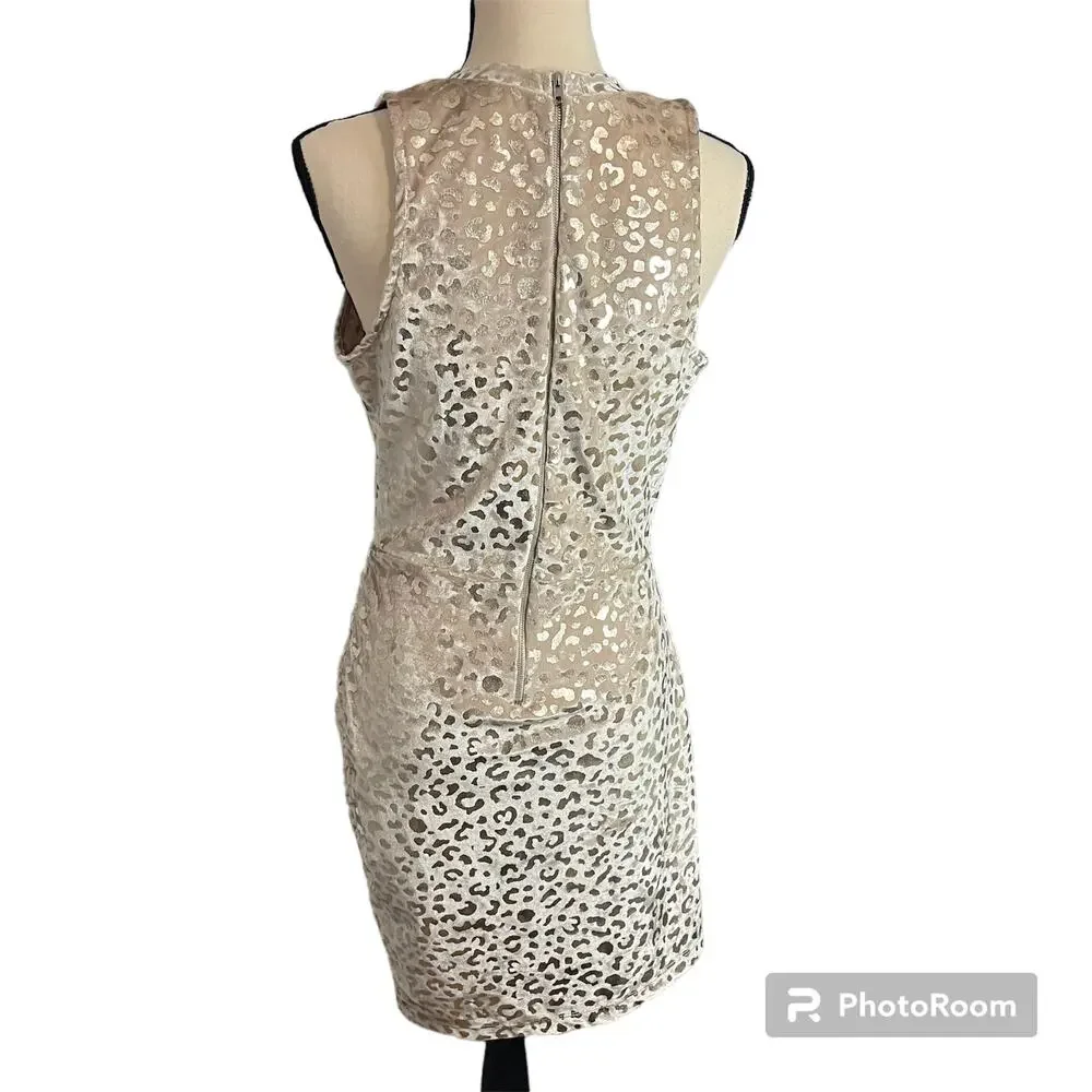 K TOO NEW Wmns Gold Velvet Metallic Cheetah Print Bodycon Dress Sz L Date Night